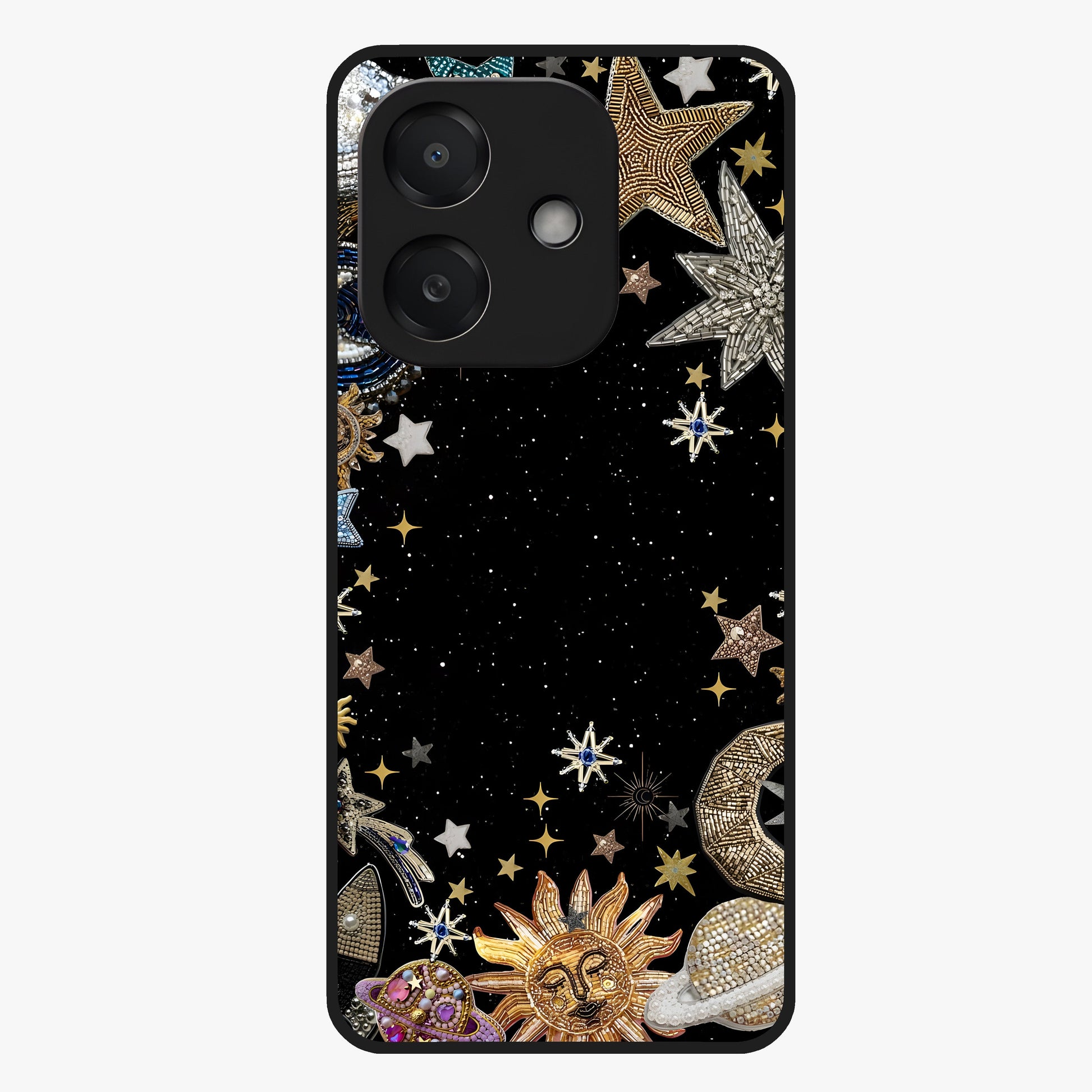 Galactic Jewel Stars Glass Case showing flat back view with sparkling star jewel artwork and glossy glass finish.