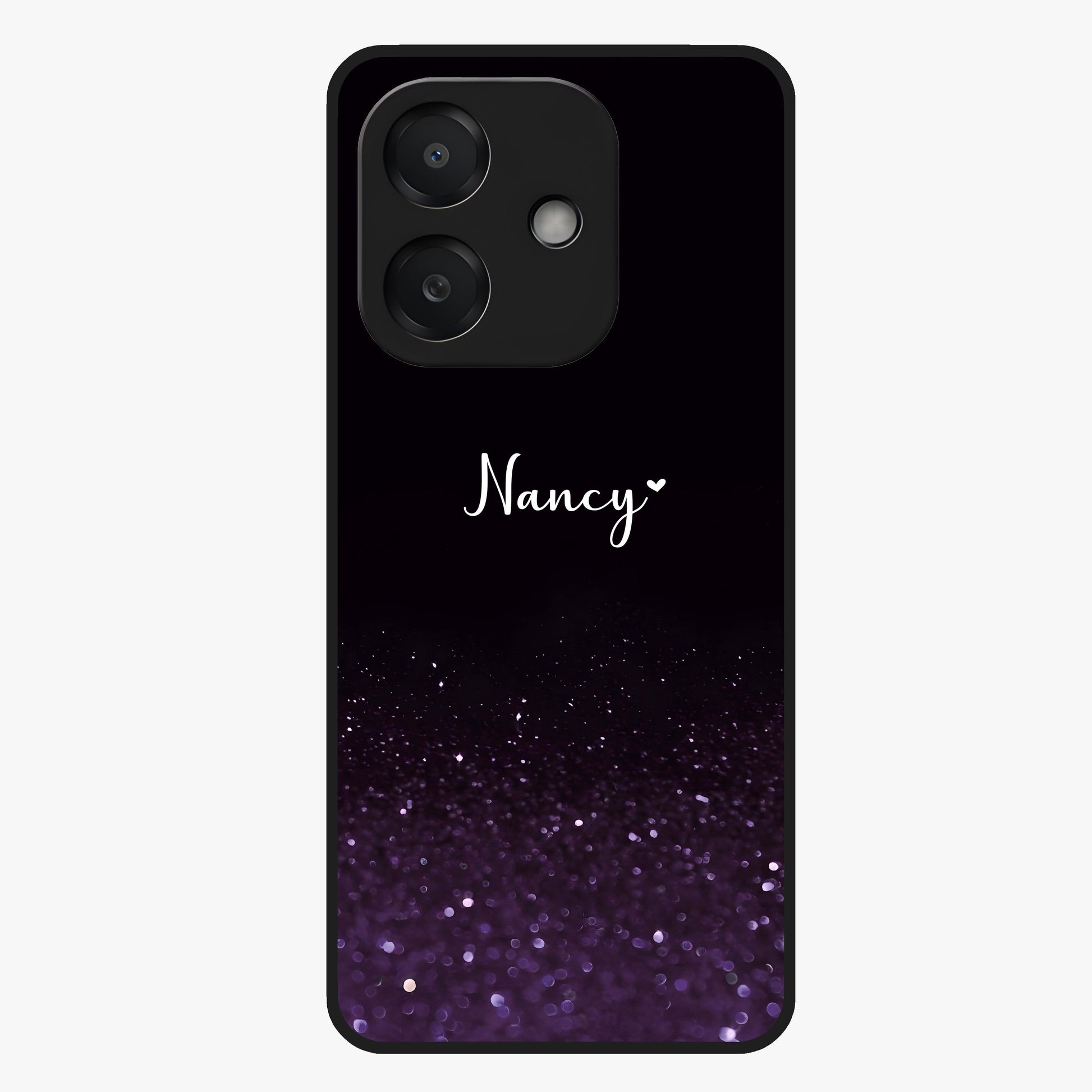 Glittery Purple Bokeh Custom Name Glass Case showing flat back view with purple bokeh sparkle artwork and personalized name design.