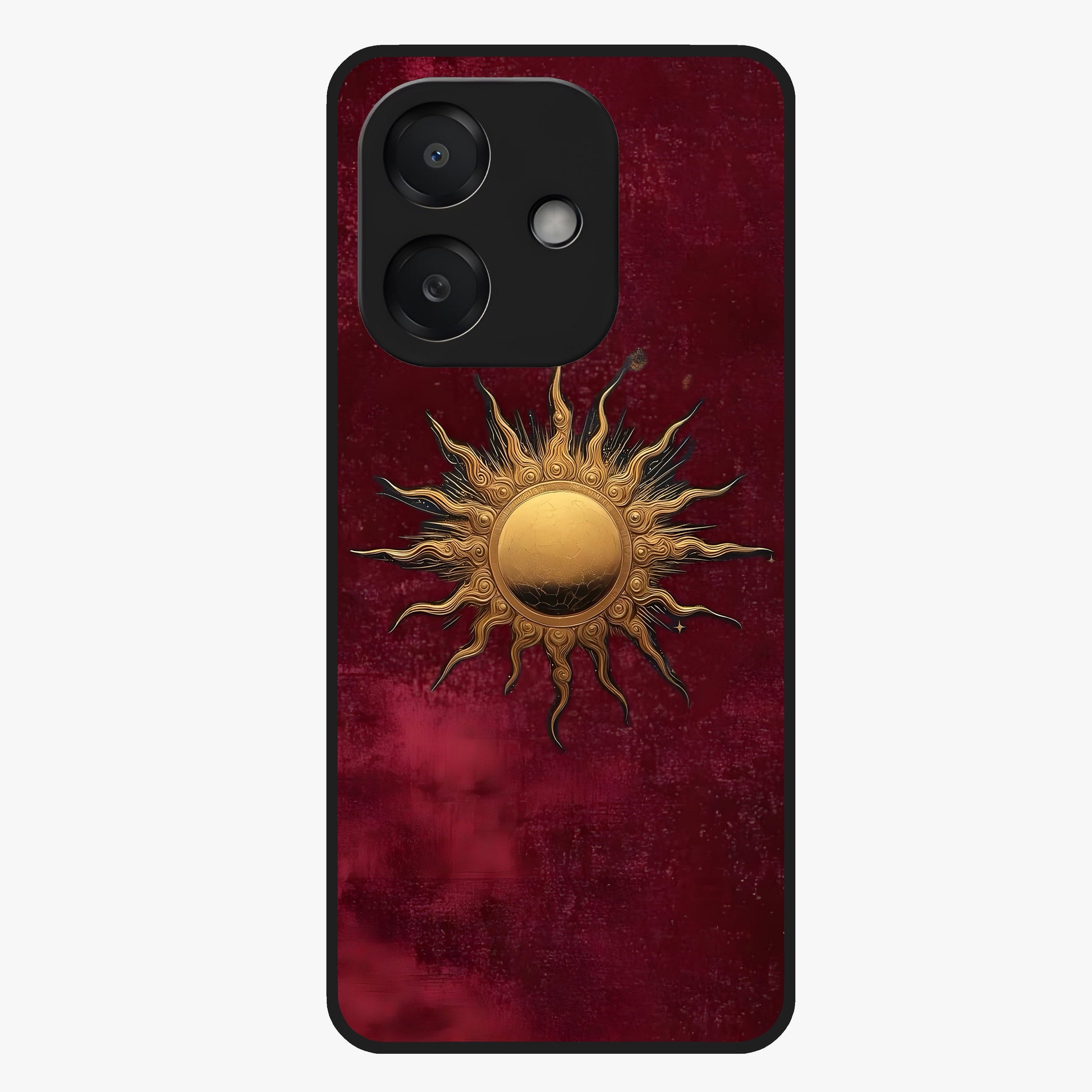 Gold Sun Blush Glass Case showing flat back view with golden sun inspired artwork and glossy glass finish.
