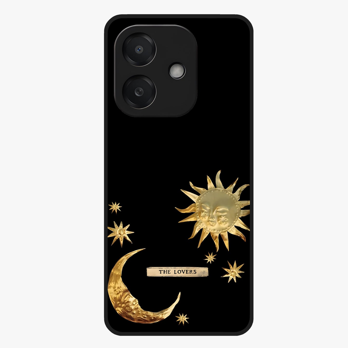 Golden Celestial Charm Glass Case showing flat back view with golden celestial charm artwork and glossy glass finish.