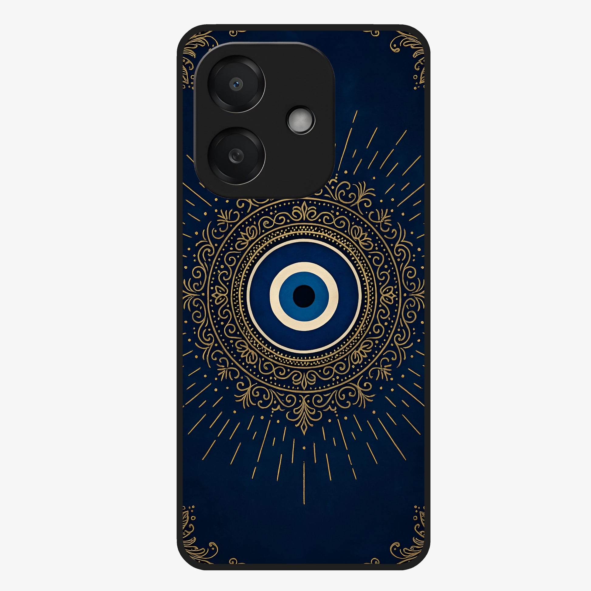 Golden Evil Eye Mandala Glass Case showing flat back view with intricate evil eye mandala artwork and glossy glass finish.