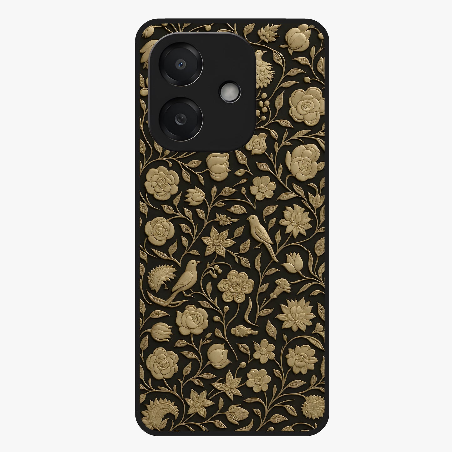 Golden Floral Majesty Glass Case showing flat back view with luxurious golden floral artwork and glossy glass finish.
