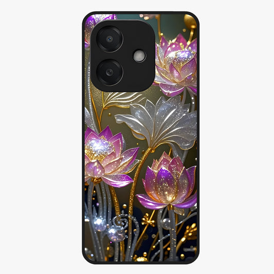 Golden Lotus Glow Glass Case showing flat back view with glowing lotus flower artwork and glossy glass finish.