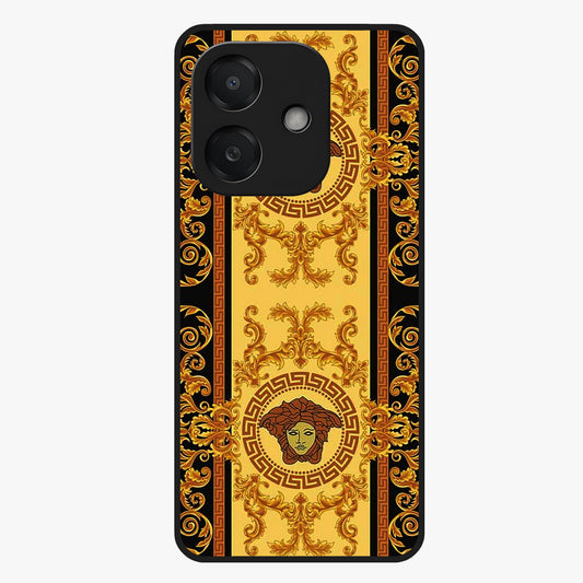Golden Royal Heritage Glass Case showing flat back view with ornate royal pattern artwork and glossy glass finish.