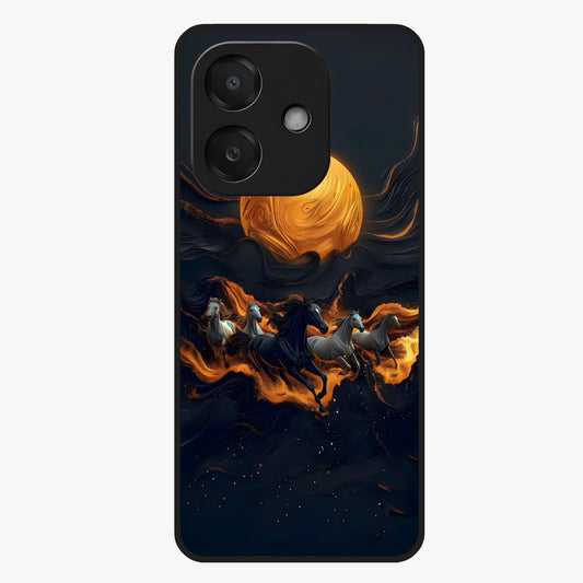 Golden Stallion Moonride Glass Case showing flat back view with majestic horse under moonlight artwork and glossy glass finish.