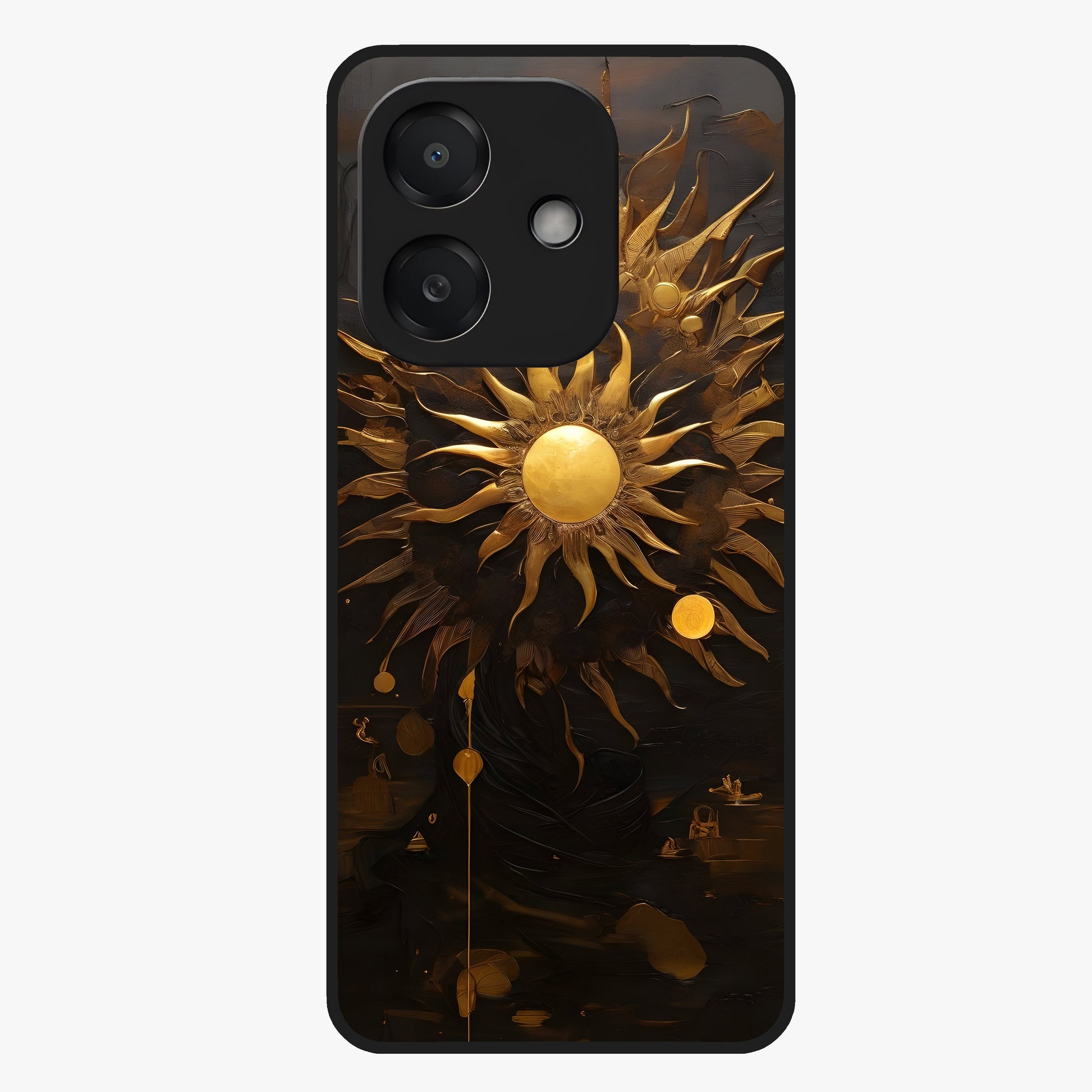 Golden Sun Majesty Glass Case showing flat back view with radiant golden sun artwork and glossy glass finish.