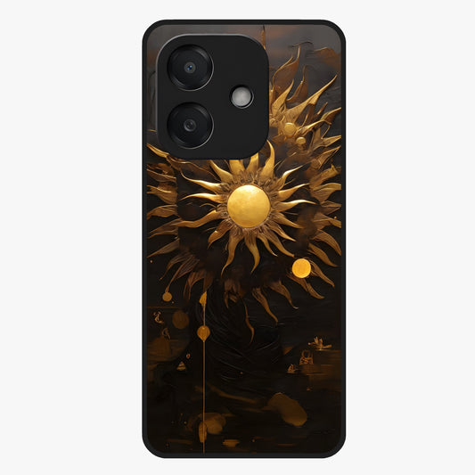 Golden Sun Majesty Glass Case showing flat back view with radiant golden sun artwork and glossy glass finish.