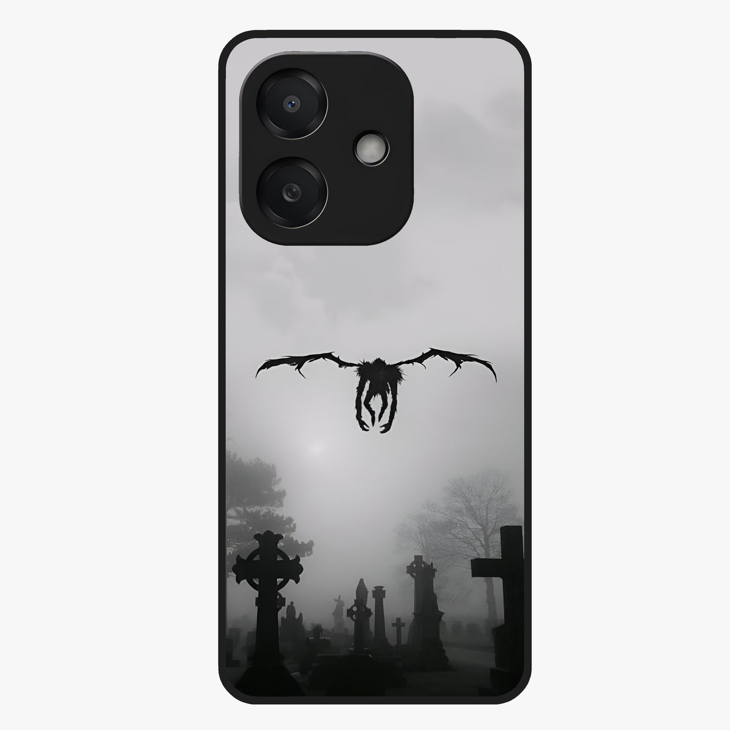 Graveyard Shadow Descent Glass Case showing flat back view with dark graveyard themed artwork and glossy glass finish.