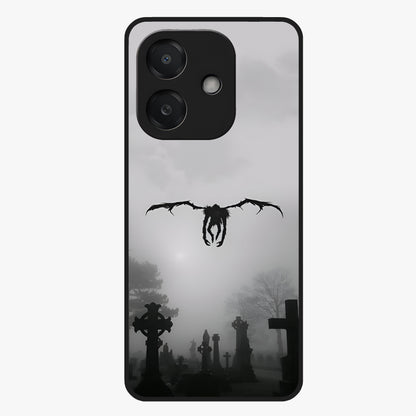 Graveyard Shadow Descent Glass Case showing flat back view with dark graveyard themed artwork and glossy glass finish.