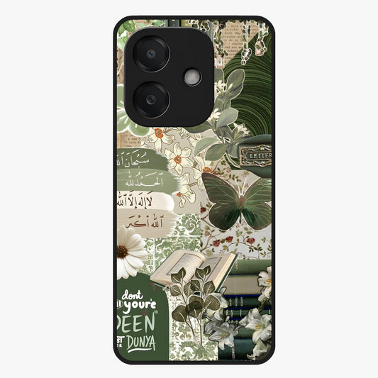 Green Islamic Books Quotes Glass Case showing flat back view with Islamic quotes and book themed artwork and glossy glass finish.
