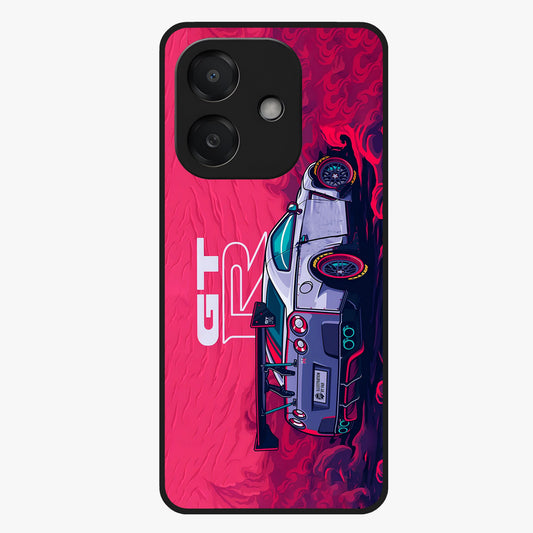 GT-R Car Pattern Glass Case showing flat back view with sporty car inspired pattern artwork and glossy glass finish.