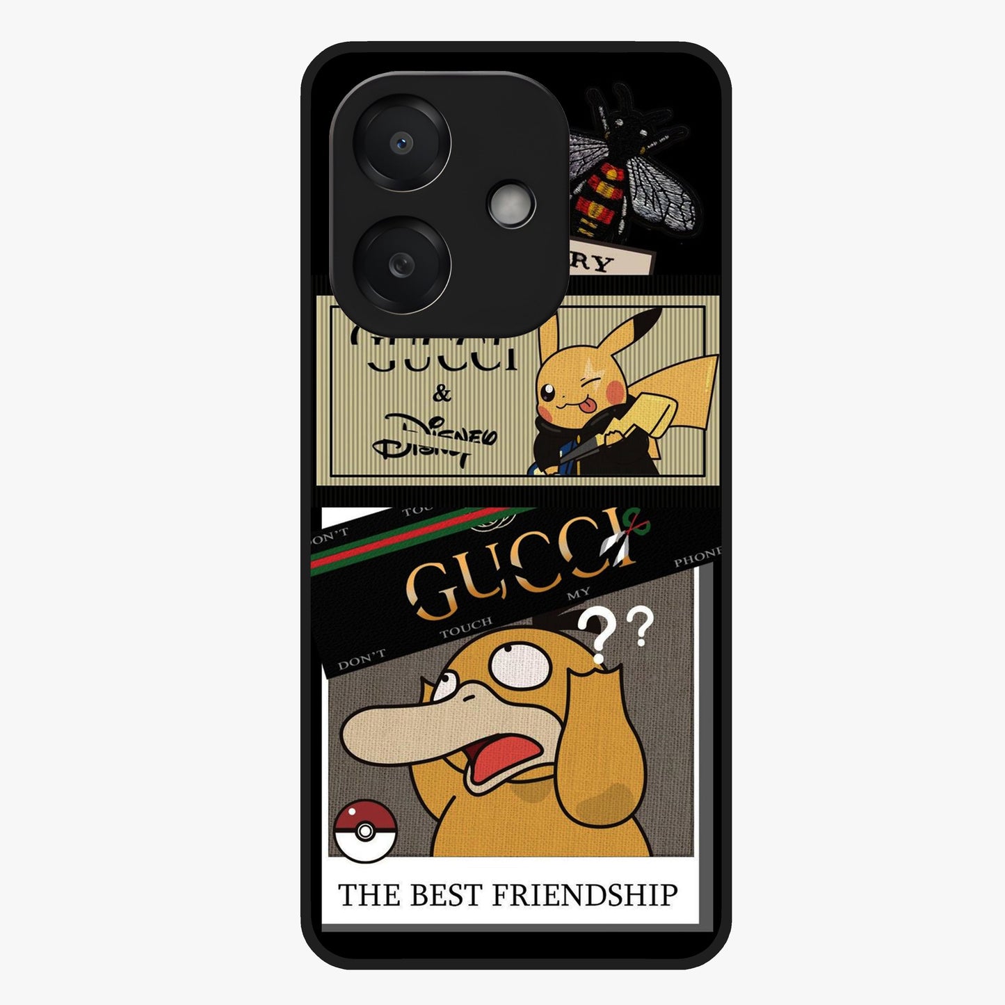 Gucci Play Mashup Glass Case showing flat back view with luxury inspired graphic artwork and glossy glass finish.