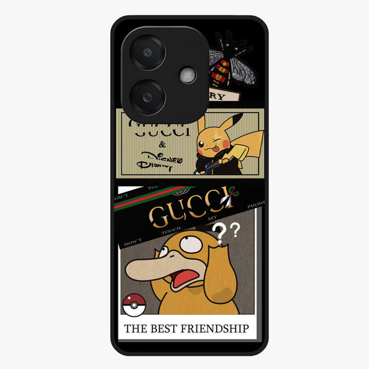 Gucci Play Mashup Glass Case showing flat back view with luxury inspired graphic artwork and glossy glass finish.