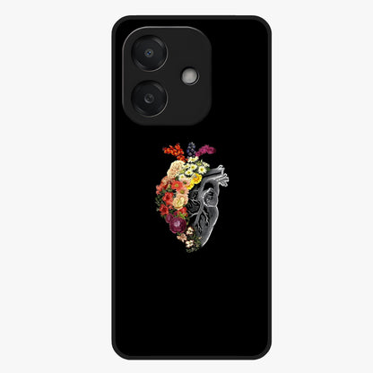 Heart With Flowers Glass Case showing flat back view with heart shaped floral artwork and glossy glass finish.