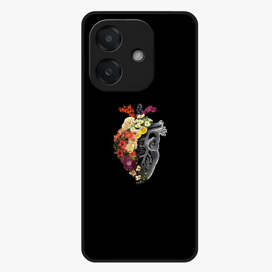 Heart With Flowers Glass Case showing flat back view with heart shaped floral artwork and glossy glass finish.
