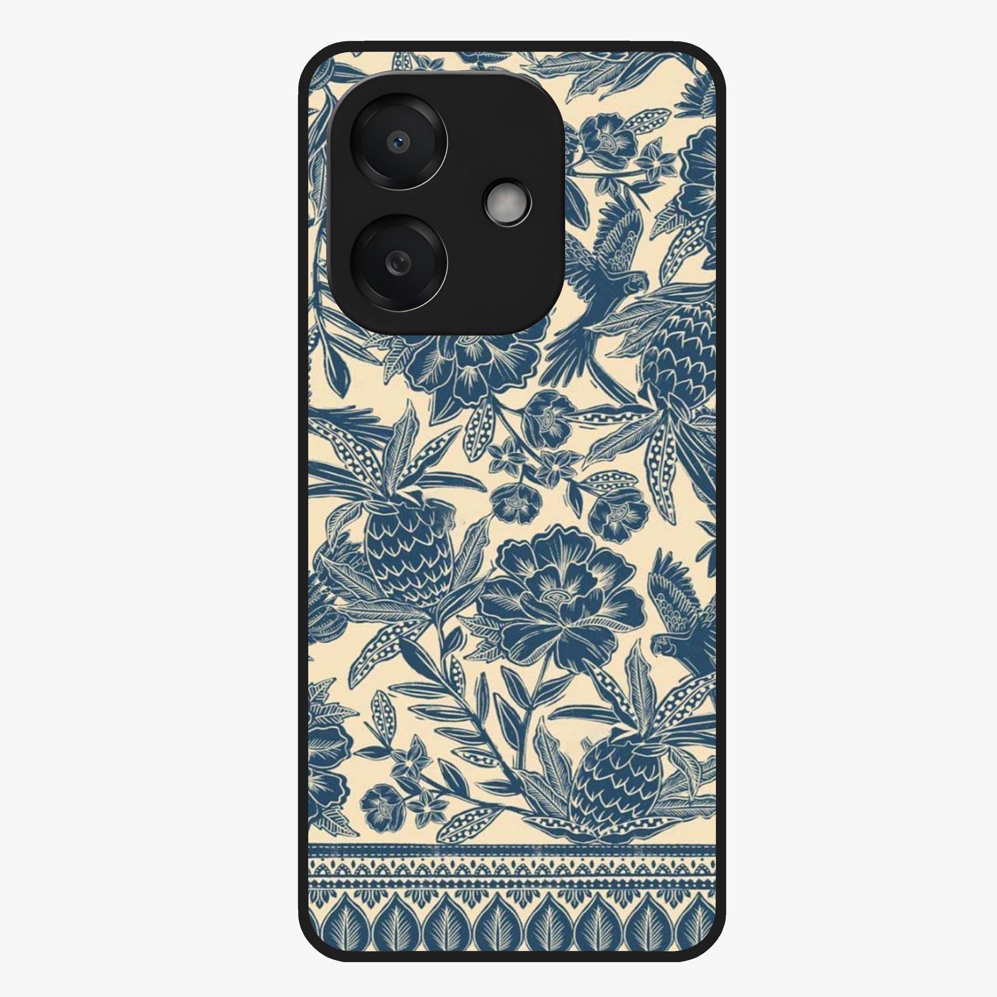 Heirloom Wild Bloom Glass Case showing flat back view with vintage inspired wild flower artwork and glossy glass finish.