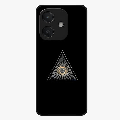 Illuminati Evil Glass Case showing flat back view with mysterious illuminati symbol artwork and glossy glass finish.