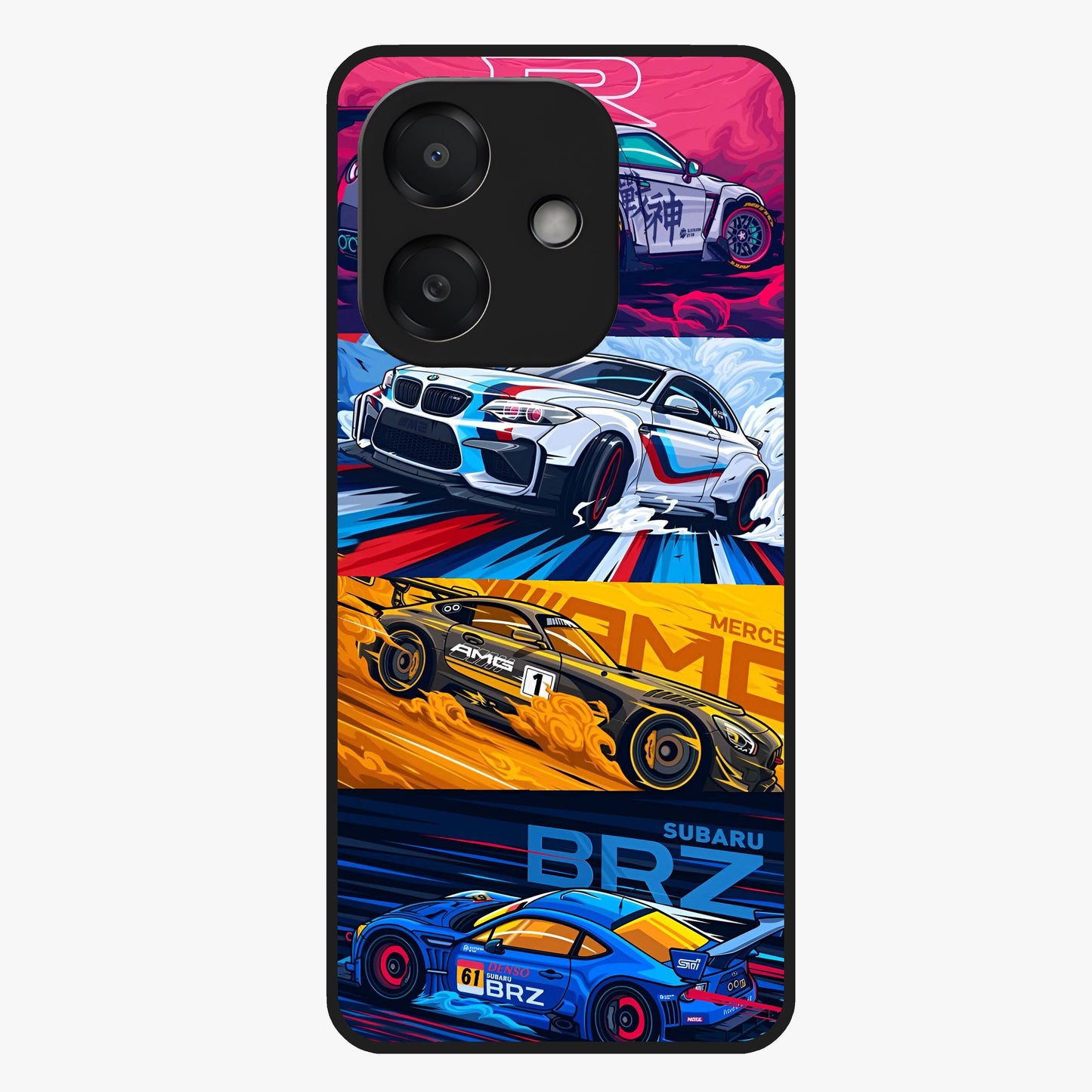 JDM Sports Car Glass Case showing flat back view with high performance sports car artwork and glossy glass finish.