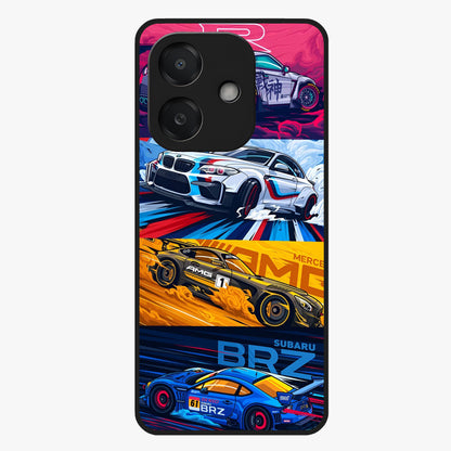 JDM Sports Car Glass Case showing flat back view with high performance sports car artwork and glossy glass finish.