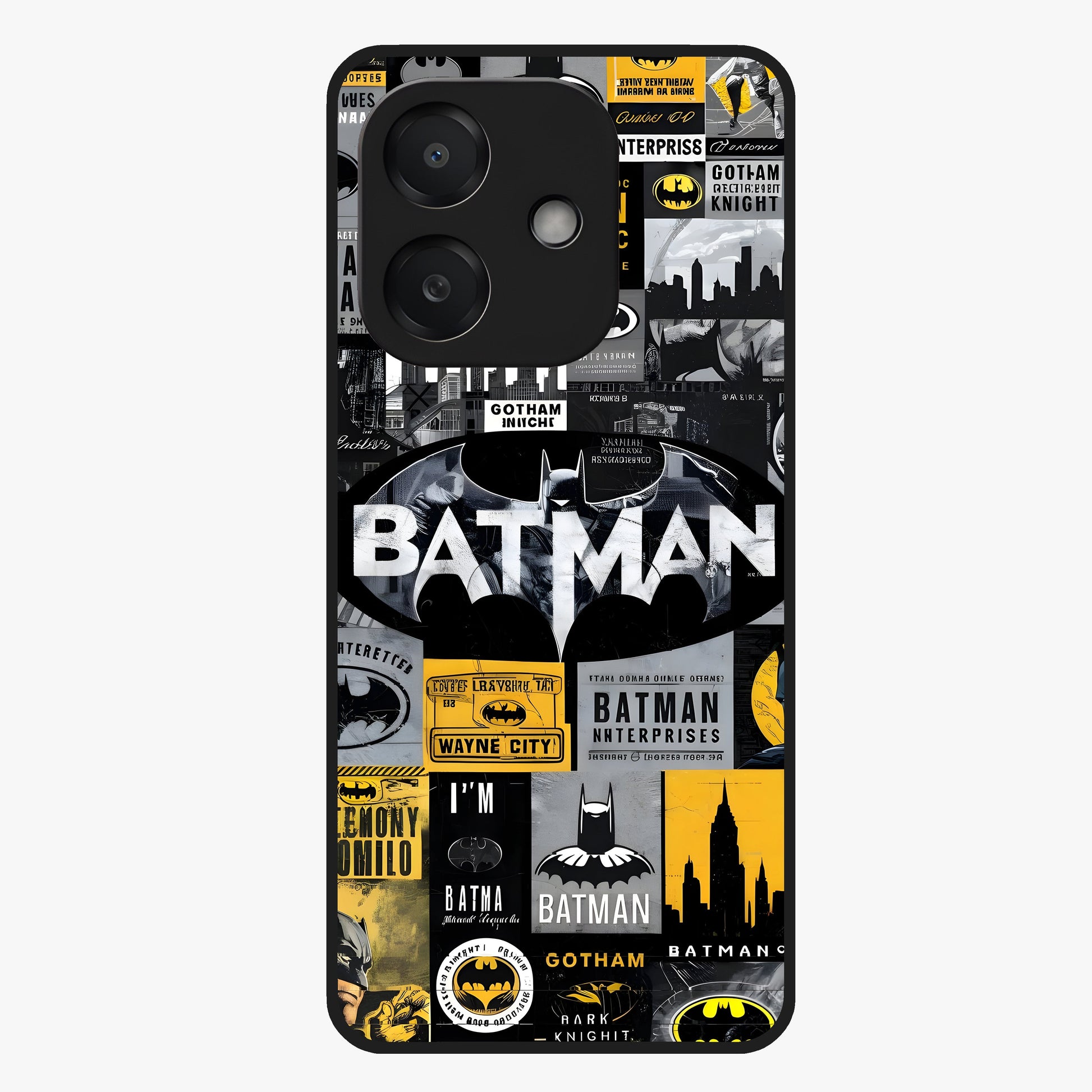 Knight Gotham Rise Glass Case showing flat back view with dark hero inspired artwork and glossy glass finish.