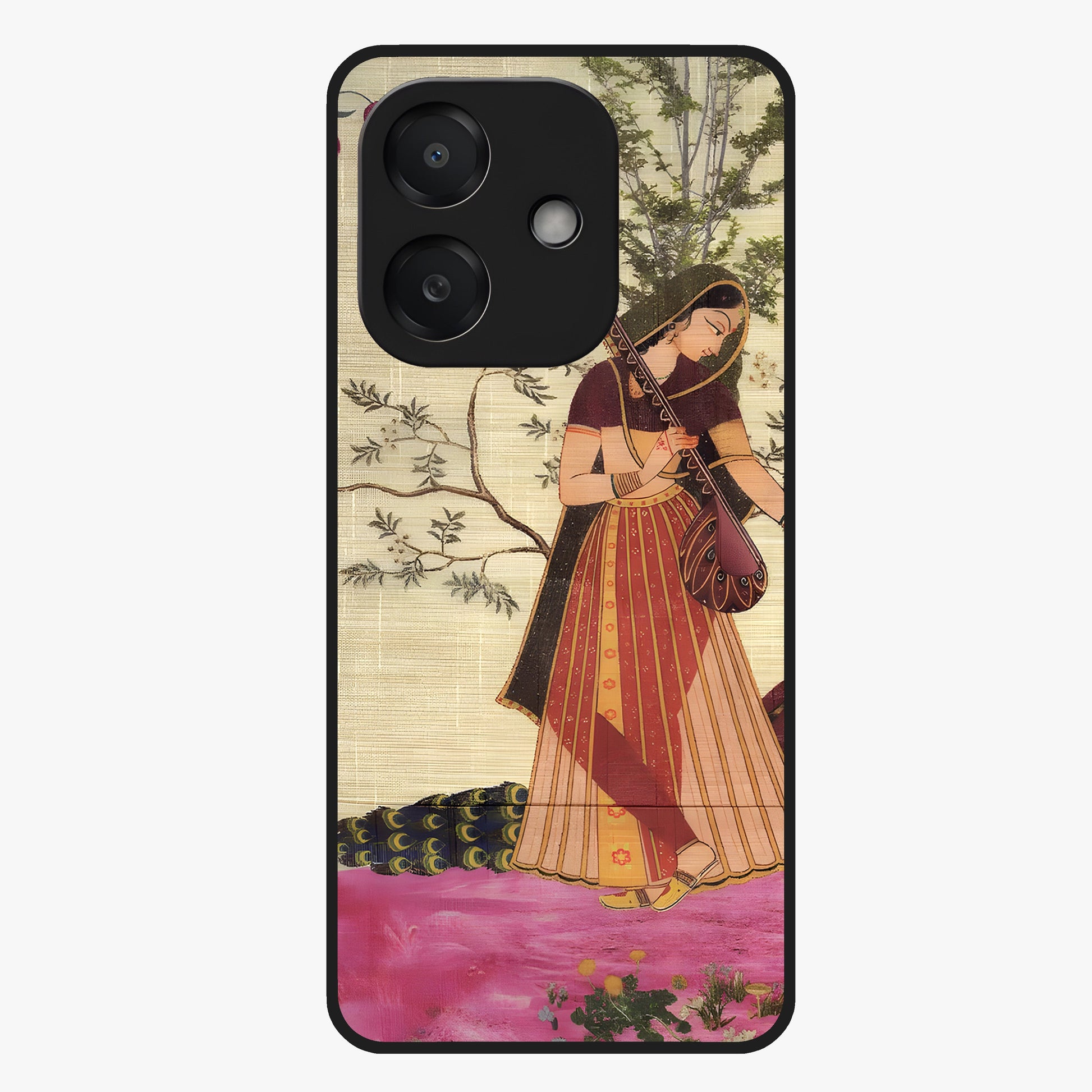 Lady With Veena Art Glass Case showing flat back view with elegant woman playing veena artwork and glossy glass finish.