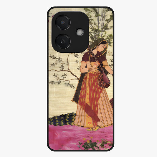 Lady With Veena Art Glass Case showing flat back view with elegant woman playing veena artwork and glossy glass finish.