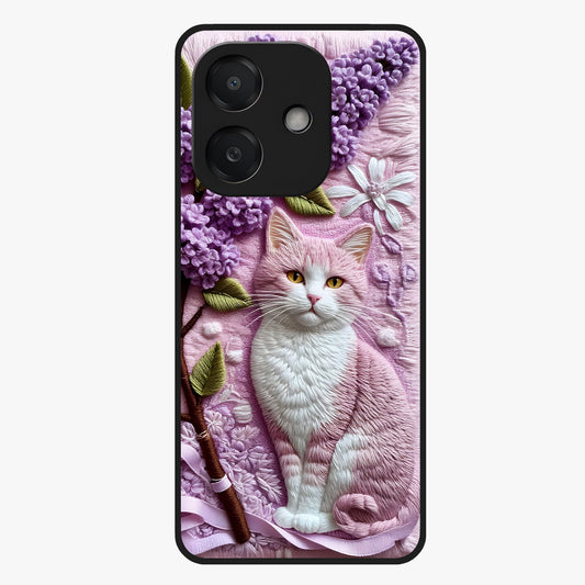 Lavender Cat Whimsy Glass Case showing flat back view with cute lavender cat artwork and glossy glass finish.