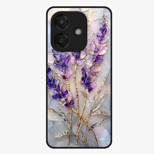 Lavender Dream Glow Glass Case showing flat back view with glowing lavender aesthetic artwork and glossy glass finish.