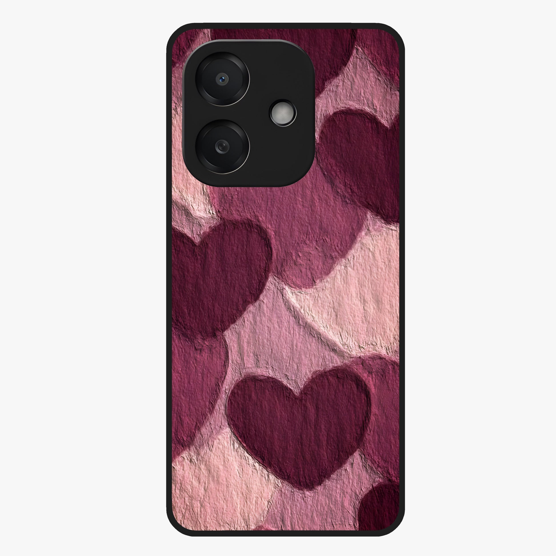 Layered Paper Hearts Glass Case showing flat back view with layered paper heart artwork and glossy glass finish.