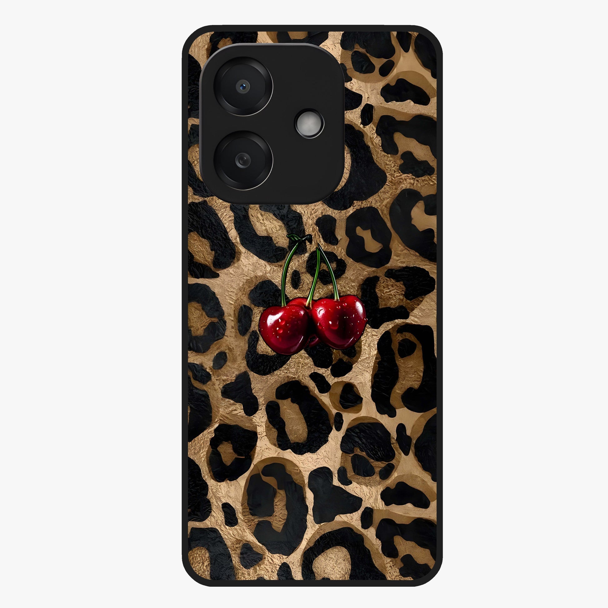 Leopard Wild Cherry Glass Case showing flat back view with leopard pattern and cherry artwork and glossy glass finish.