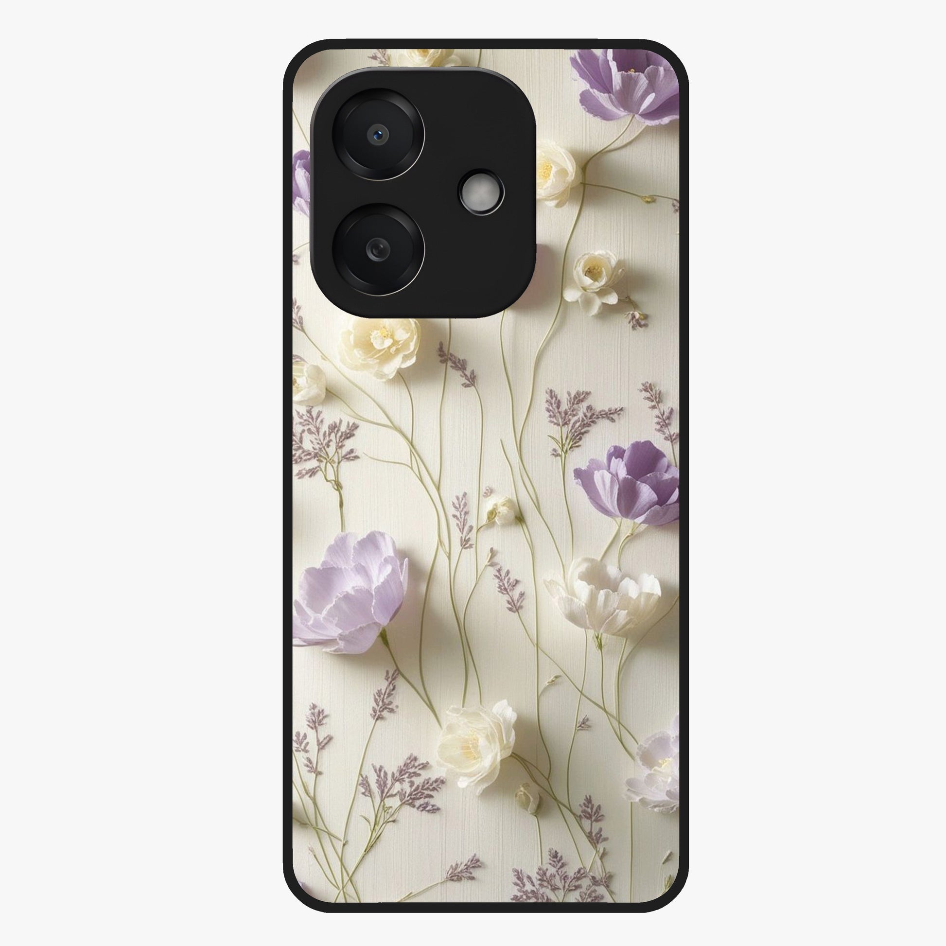 Lilac Breeze Harmony Glass Case showing flat back view with soft lilac themed artwork and glossy glass finish.