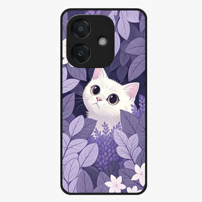 Lilac Hide Peek Cat Glass Case showing flat back view with cute peeking cat artwork and glossy glass finish.