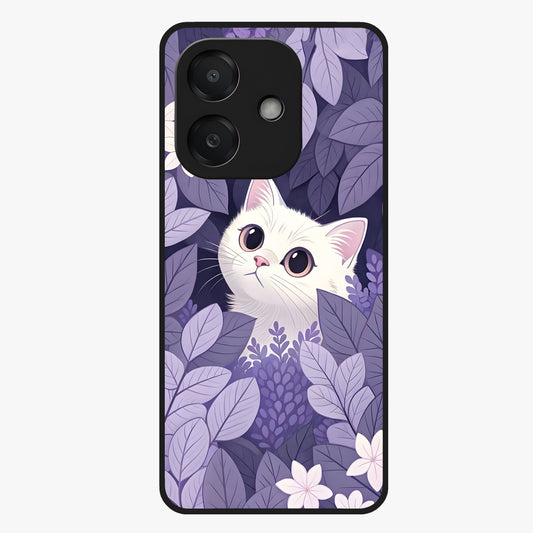 Lilac Hide Peek Cat Glass Case showing flat back view with cute peeking cat artwork and glossy glass finish.