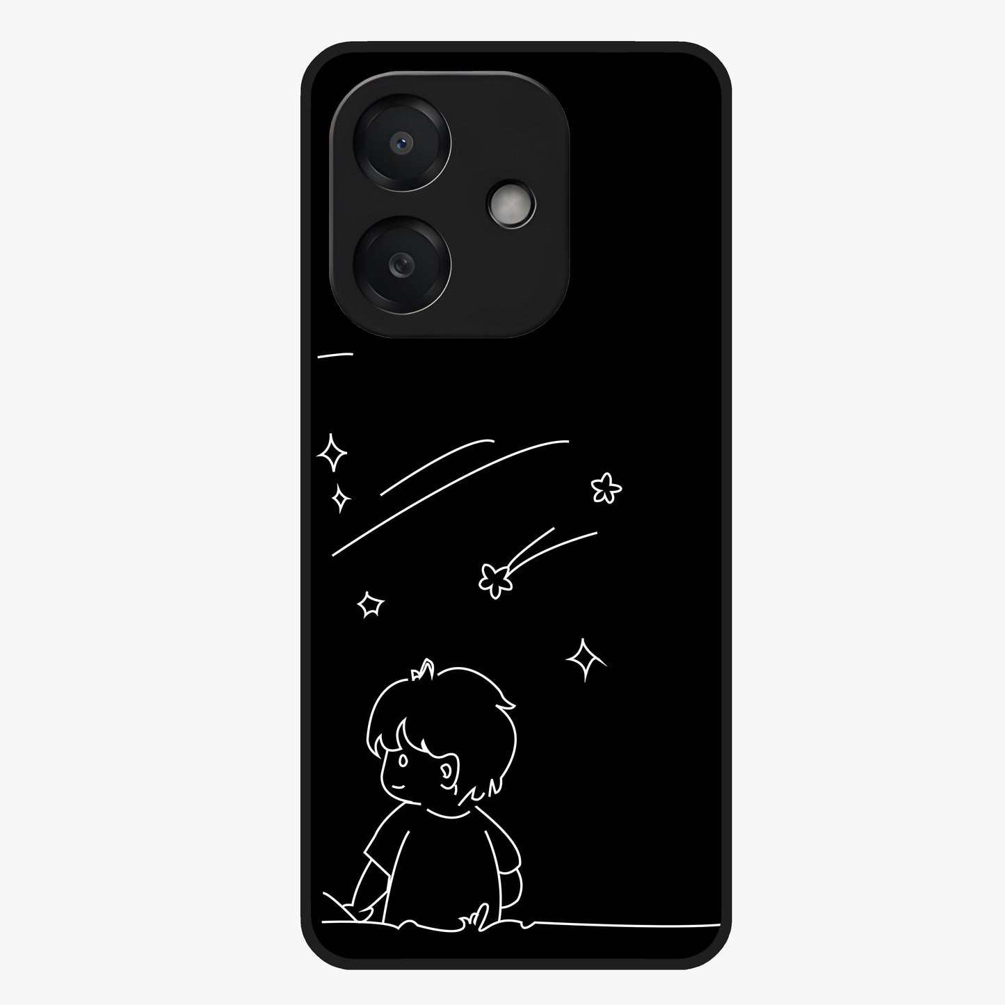 Line Art Boy With Shooting Stars Glass Case showing flat back view with minimal line art boy and shooting stars illustration and glossy glass finish.