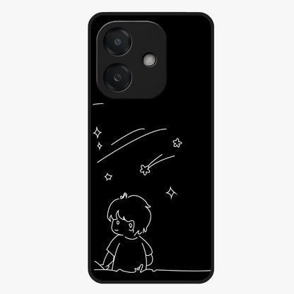 Line Art Boy With Shooting Stars Glass Case showing flat back view with minimal line art boy and shooting stars illustration and glossy glass finish.