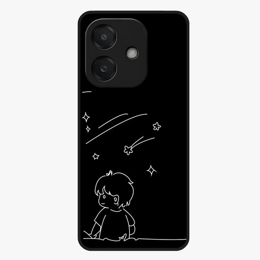 Line Art Boy With Shooting Stars Glass Case showing flat back view with minimal line art boy and shooting stars illustration and glossy glass finish.