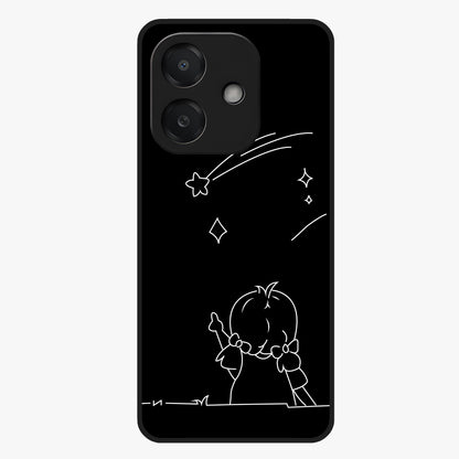 Line Art Girl With Shooting Stars Glass Case showing flat back view with minimal line art girl and shooting stars illustration and glossy glass finish.