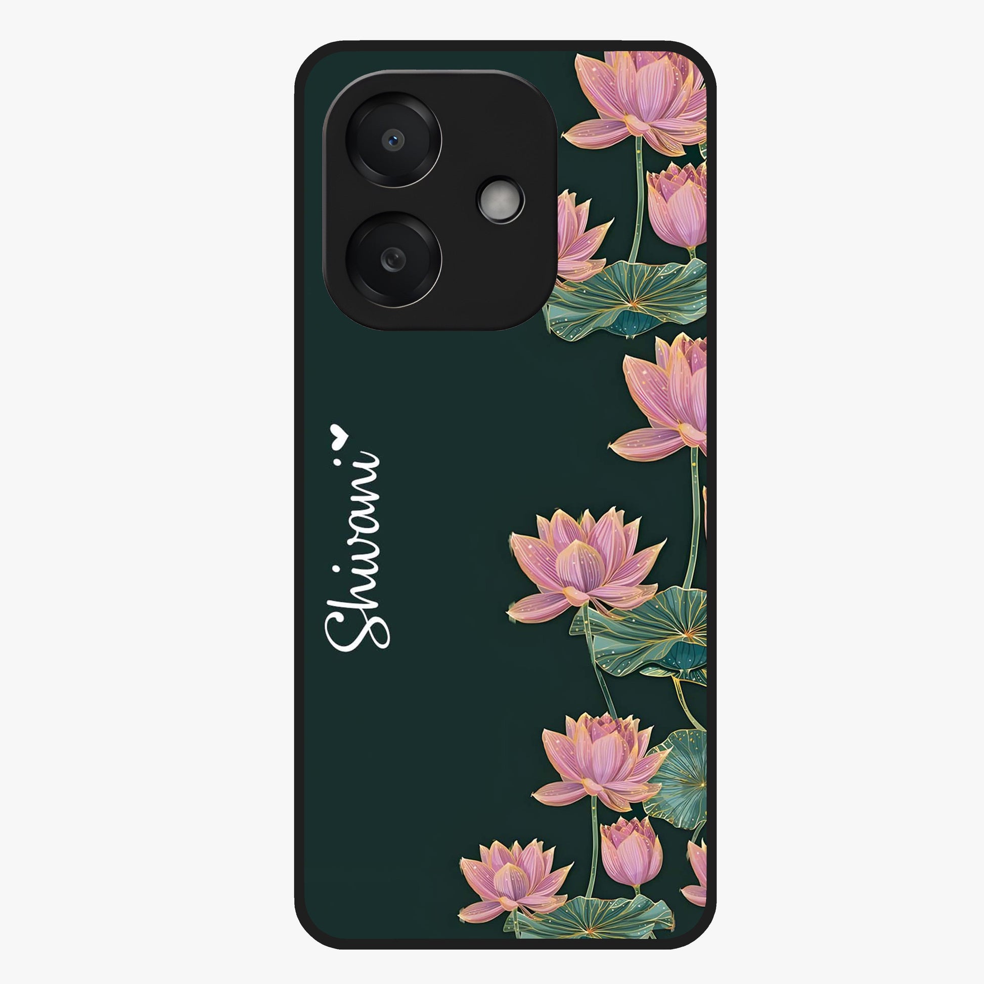 Lotus Bloom Serenity Custom Name Glass Case showing flat back view with elegant lotus flower artwork and personalized name design.