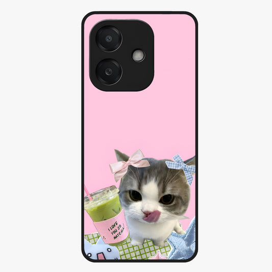 Love Matcha Cat Glass Case showing flat back view with cute cat and matcha themed artwork and glossy glass finish.