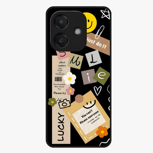 Lucky Aesthetic Collage Glass Case showing flat back view with trendy aesthetic collage artwork and glossy glass finish.