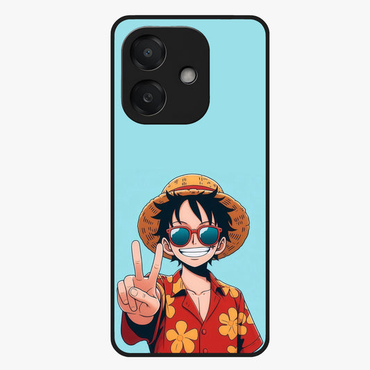 Luffy Summer Anime Vibe Glass Case showing flat back view with vibrant anime character artwork and glossy glass finish.