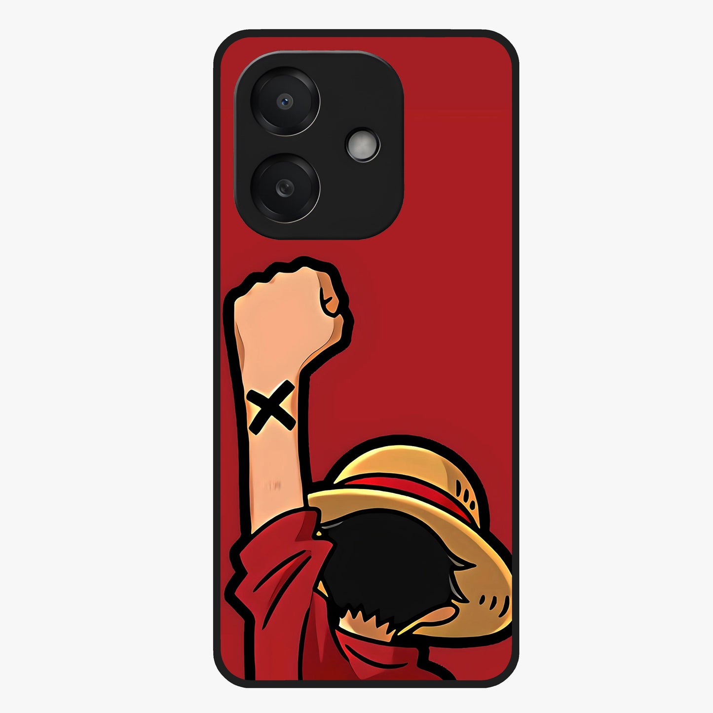 Luffy X Spirit Glass Case showing flat back view with bold anime character artwork and glossy glass finish.