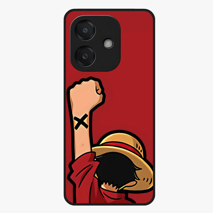 Luffy X Spirit Glass Case showing flat back view with bold anime character artwork and glossy glass finish.