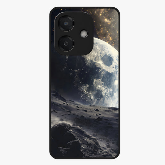Lunar Horizon Glow Glass Case showing flat back view with glowing moon horizon artwork and glossy glass finish.