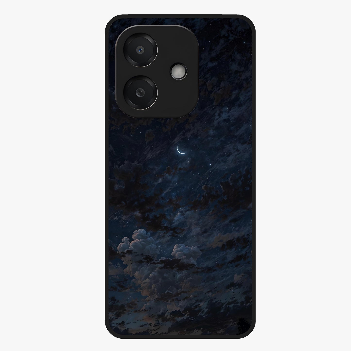 Lunar Veil Silence Glass Case showing flat back view with mystical moon veil artwork and glossy glass finish.