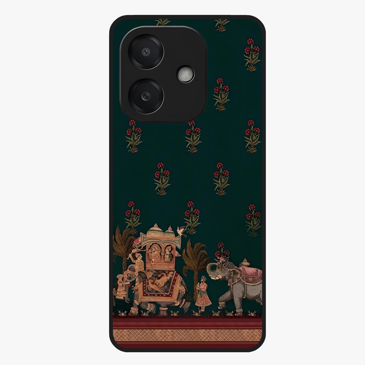 Macmerise Glass Case showing flat back view with stylish modern artwork and glossy glass finish.