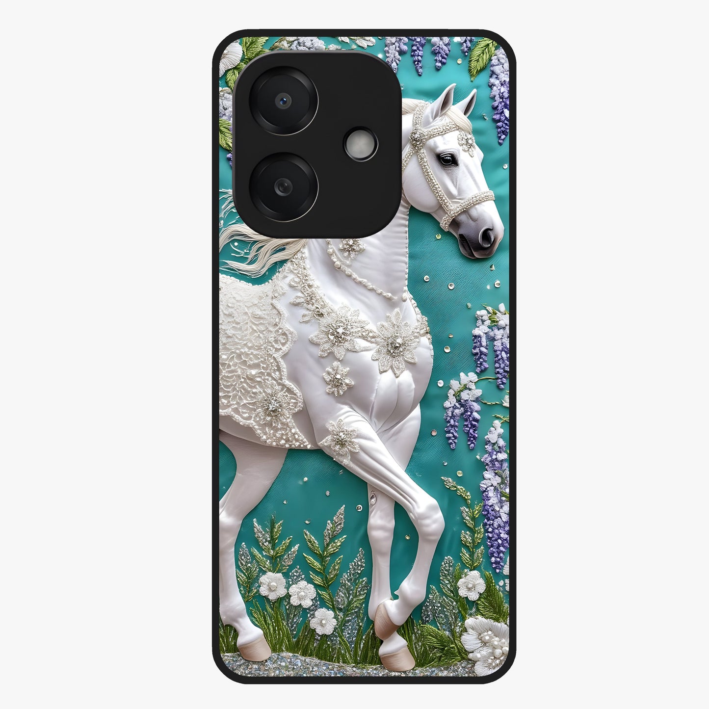 Majestic Floral Stallion Glass Case showing flat back view with powerful horse and floral artwork and glossy glass finish.