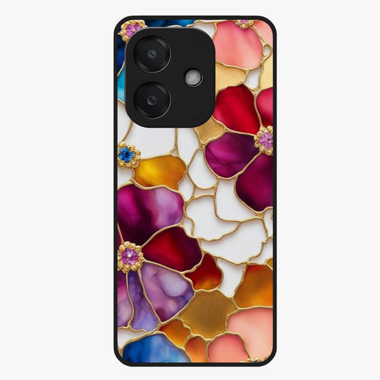 Marble Flower Pattern Glass Case showing flat back view with marble texture floral artwork and glossy glass finish.