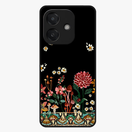 Midnight Bloom Pattern Glass Case showing flat back view with dark floral pattern artwork and glossy glass finish.