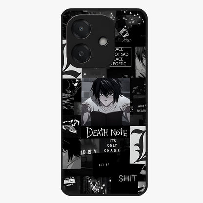 Midnight Chaos Mind Glass Case showing flat back view with abstract dark themed artwork and glossy glass finish.